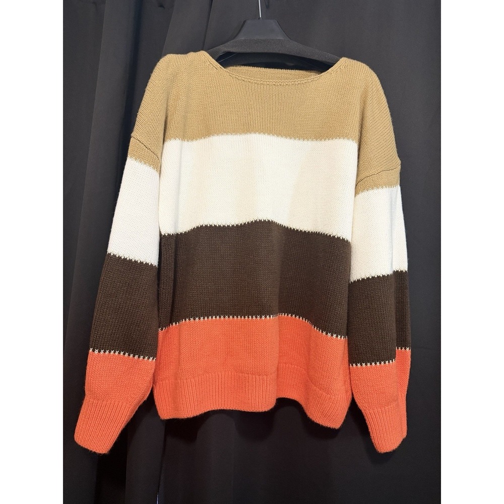 Women's Color Block Knit‎ Sweater Size M Brown Cream Orange 100% Acrylic
